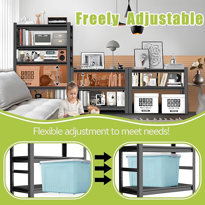 Industrial Metal Book Organizer 4 Tier Adjustable Shelf Unit - Black, Small Space Bookcase for Bedroom, Living Room, Kitchen, Balcony