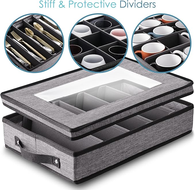 Hearth & Harbor Fine China Storage Containers, 6 Piece Dish Storage Containers, Stackable Plate Storage, Coffee Mug Storage and Wine Glass Storage Box with Dividers, Quilted Dish Organizers, Grey-NeatNest