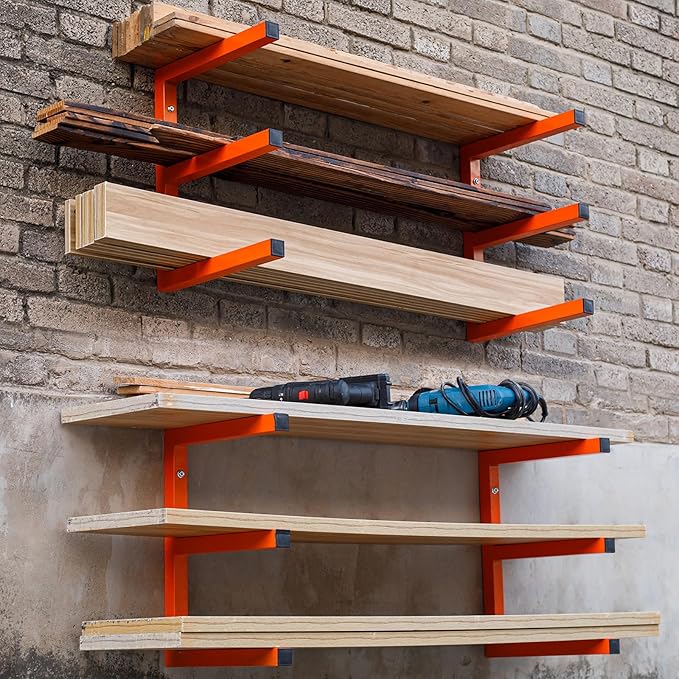 Heavy Duty Lumber Storage Rack Wall Mount, Metal Wood Rack Organizer with 6-Level Each Shelf Holds Up 200 Lbs, Indoor & Outdoor Use - 4pack