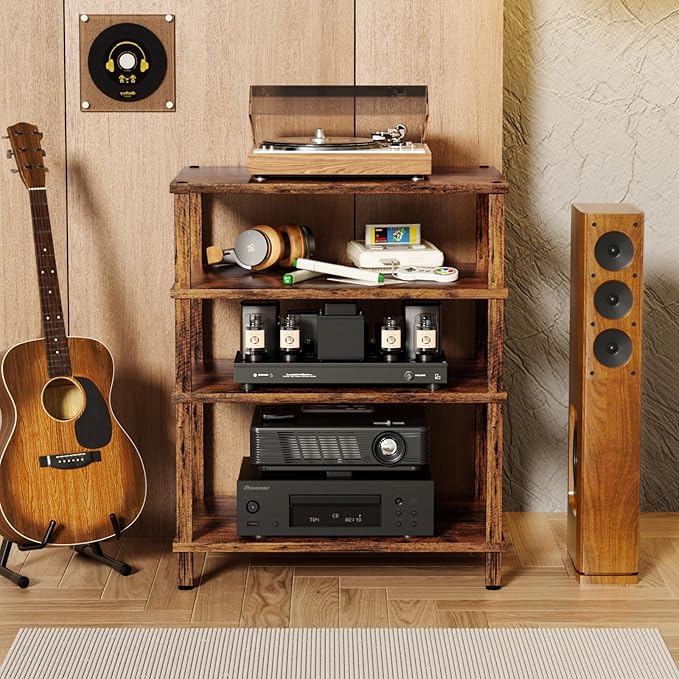 4-Tier AV Media Player Stand, Brown Stereo Cabinet, Modern Stereo Cabinet, Wooden TV Stand,Game Console Shelf, Multifunctional Entertainment Center, Suitable for Home, Conference Room, Game Studio-NeatNest