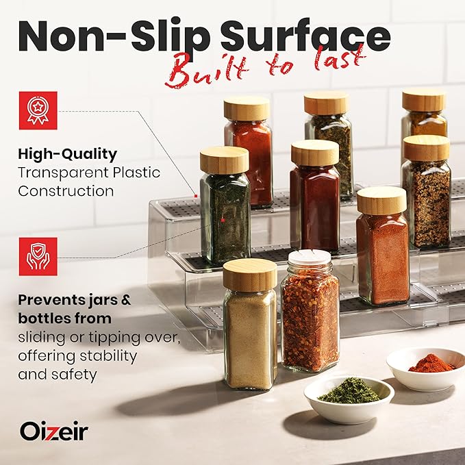 Expandable Spice Organizer Rack - 3-Tier - Clear Adjustable Tiered Shelf Spices Organization for Kitchen Cabinet and Pantry Storage-NeatNest
