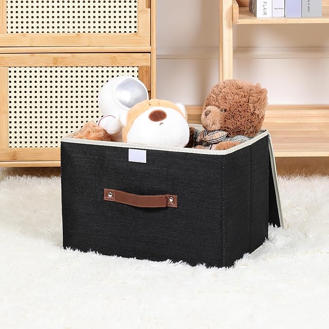 ANMINY Storage Bin with Lid Storage Boxes with PU Leather Handles PP Plastic Board Decorative Foldable Lidded Cotton Linen Fabric Home Cubes Baskets Closet Organizer Container - Black, Large Size-NeatNest