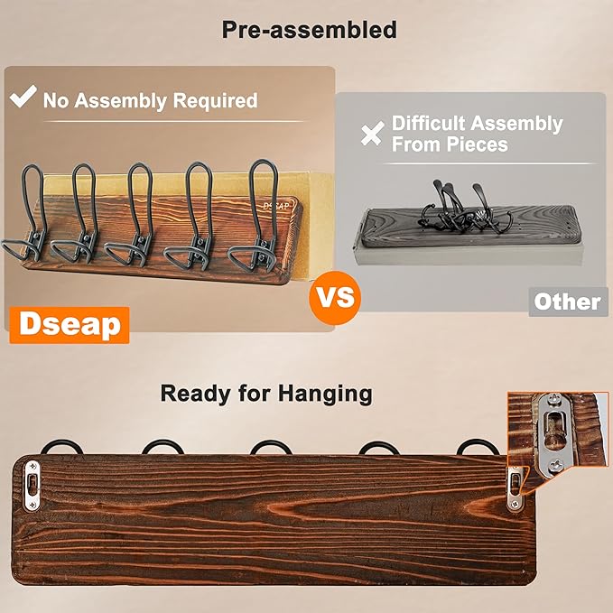 Dseap Coat Rack Wall Mounted - Heavy Duty Farmhouse Rustic Wall Coat Hanger With 5 Wire Hooks for Clothes Hat Jacket Towel, RusticWire, G25A, Black-NeatNest