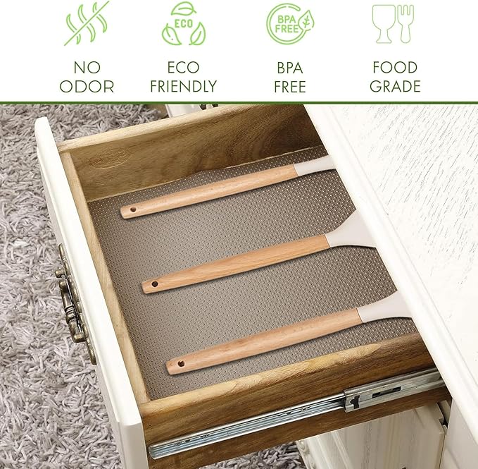 EVALAND 17.7" x 33 FT Non-Slip Shelf Liner, Non-Adhesive, BPA-Free, Waterproof Pantry Liner for Shelves, Easy to Cut, Oil-Proof Shelf Liners for Kitchen, Cabinets, Drawers, Refrigerator, Beige