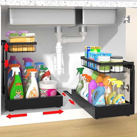 2-Pack Expandable Under Sink Organizers and Storage, 2-Tier Adjustable Pull-Out Cabinet Organizers, Slide-Out Shelves with Width (9.9"-15.7") & Height (11.6"-15.6") for Kitchen & Bathroom-NeatNest