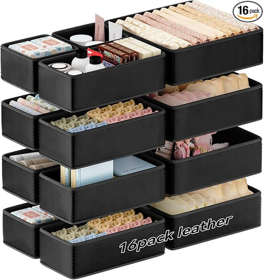 Vegan Leather Drawer Organizers,16 Pack Makeup Storage boxes,Vanity Drawer Luxury upgrade,Bedroom fabric Drawers replacement,bathroom organization and storage Optimal solution