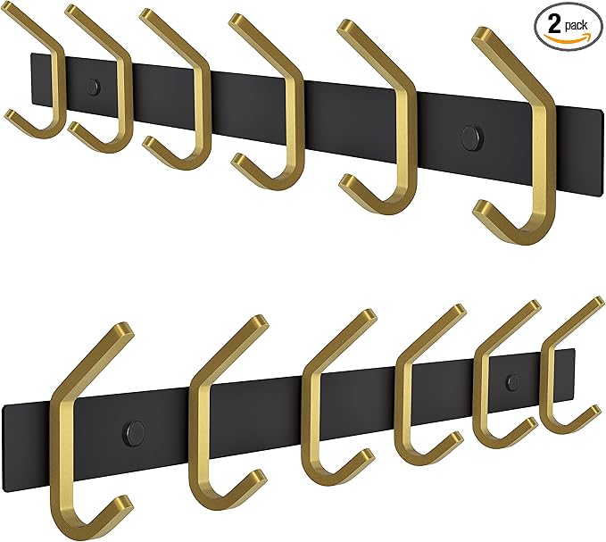 Coat Rack Wall Mount – Black and Gold Hook Rail with 6 Double Coat Hooks, 17 Inch Stainless Steel Wall Hooks for Entryway, Bathroom, Bedroom, Closet, Towel, Hat, Bag, Heavy Duty Organizer - 2 Pack-NeatNest