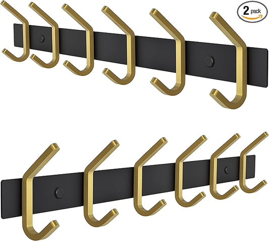 Coat Rack Wall Mount – Black and Gold Hook Rail with 6 Double Coat Hooks, 17 Inch Stainless Steel Wall Hooks for Entryway, Bathroom, Bedroom, Closet, Towel, Hat, Bag, Heavy Duty Organizer - 2 Pack-NeatNest