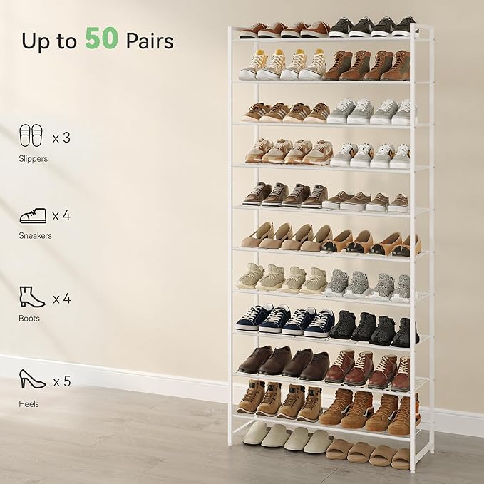 Shoe Rack, Metal Shoe Organizer, 10 Tier Garage Shoe Rack Max Holds 50 Pairs,Shoe Storage Shelf for Closet,Entryway,White-NeatNest