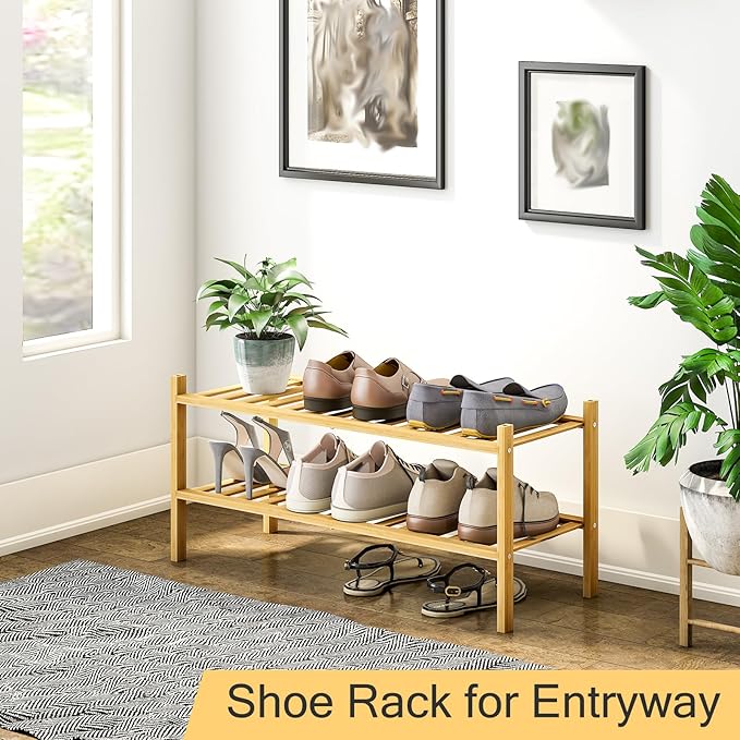2-Tier Bamboo Shoe Rack for Entryway, Stackable | Heavy Duty | Multi-Function, Free Standing Shoe Racks for Bedroom Hallway Closet-NeatNest