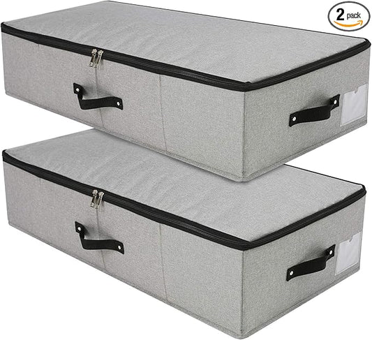 2PCS Foldable Under Bed Storage Container with Plastic Support Liner, Handles, Zipper lid, Sweater Pillow Blankets ClothesStorage Organizer for Bedroom and Closet, 29×15×7inch, Dark Grey-NeatNest