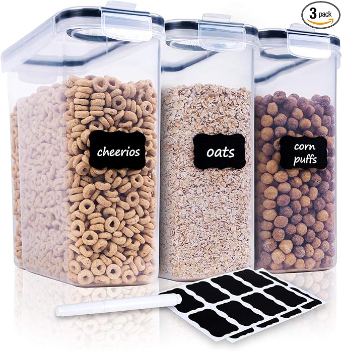 Cereal Containers Storage Set - 3 Piece Airtight Large Dry Cereal Container (135.2oz), BPA Free Dispenser Plastic Cereal Storage Containers with 16 Labels & Pen-NeatNest