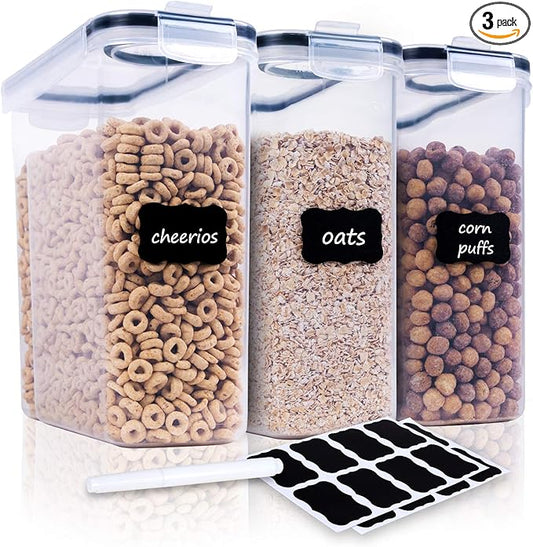 Cereal Containers Storage Set - 3 Piece Airtight Large Dry Cereal Container (135.2oz), BPA Free Dispenser Plastic Cereal Storage Containers with 16 Labels & Pen-NeatNest