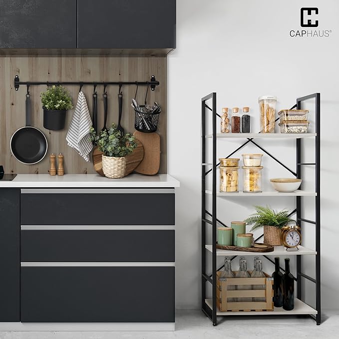 CAPHAUS 4 Tier Bookshelf, 24 Inch Width Free Standing Shelf, Bookcase Shelf Storage Organizer, Industrial Book Shelves for Home Office, Living Room, Kitchen, White Shelves & Metal Frame-NeatNest