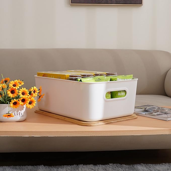 Citylife 2 PCS Storage Bins with Bamboo Lids Plastic Storage Containers for Organizing Stackable Storage Box with Handle, 15.16 x 10.79 x 5.83 inch-NeatNest