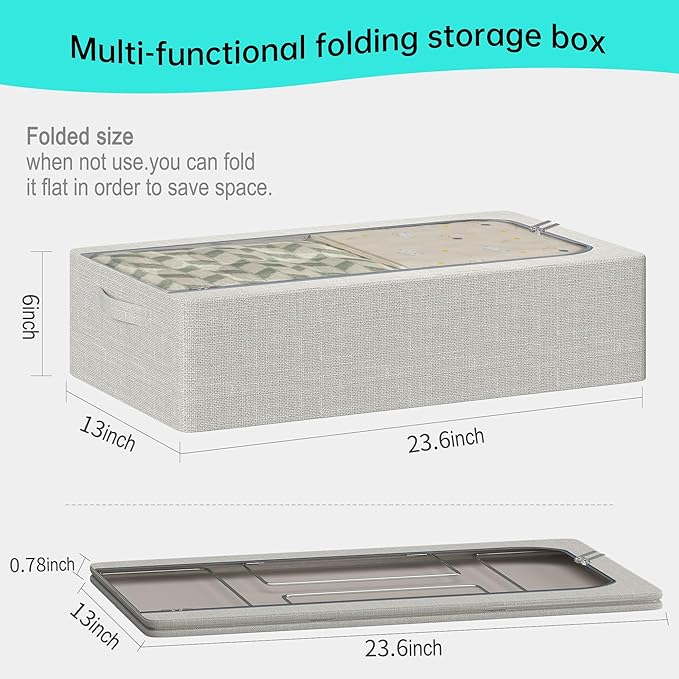 3PCS Under Bed Storage Bins with Metal Frame, Linen Fabric Frame Storage Box Clothes Organizer Bins, Underbed Container with Clear Window (Light Grey, 23.6 x 13 x 6IN)-NeatNest