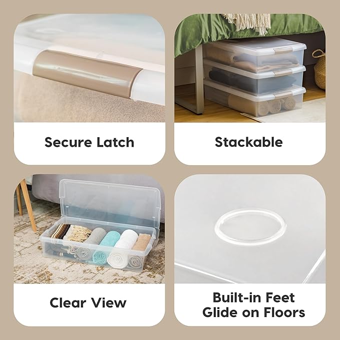 IRIS USA 40 Qt Plastic Under Bed Storage Nestable Organizer Bin Container with Secure Lids and Durable Buckles, 1-Pack, Under Bed Storage Containers for Clothes Shoes Bedding, Gray/Clear-NeatNest