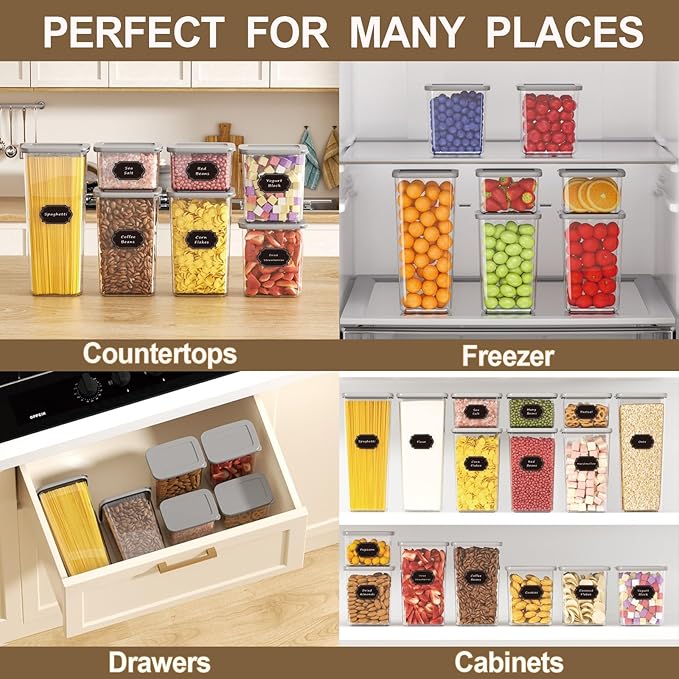 Airtight Food Storage Containers With Lids 7pcs Organization Canisters Kitchen Bpa Free Plastic Pantry Containers Storage Set for Pasta, Cereal, Dry Food, Flour and Sugar-60 Labels
