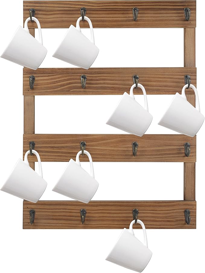 16 Hooks Rustic Pine Wood Coffee Mug Holder 24 x 18 inches Wall Mounted Cup Display Organizer for Home, Kitchen Storage Brown-NeatNest