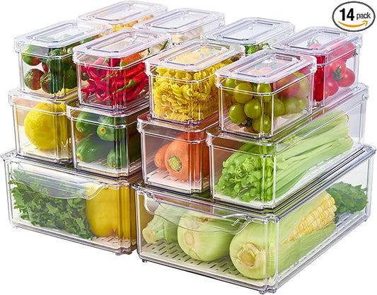 JollyPack 14 Pack Fridge Organizers, Refrigerator Organizer Bins with Lids, BPA Free Stackable Fruit Storage Containers for Fridge, Vegetables, Food and Drinks