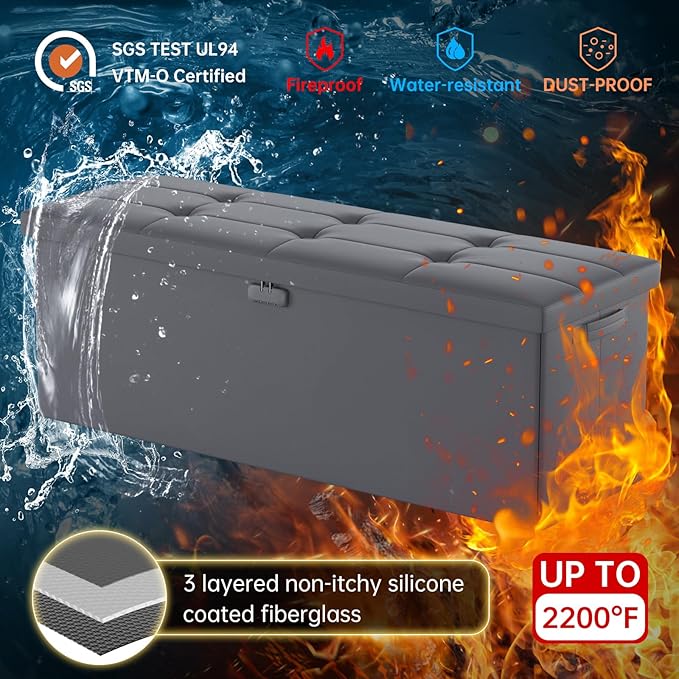 DocSafe Storage Ottoman Bench, Fireproof＆Waterproof Folding Bench with Lock(15”x 43”x15”), Leather Storage Chest with Handles＆2 Extra Boxes, Ottoman Safe for Bedroom,Living Room,Home Office, Gray-NeatNest