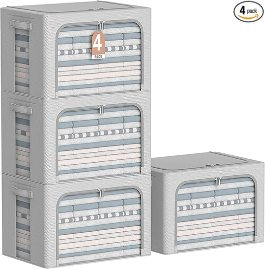 4 Pack Clothes Storage Bins - Oxford Fabric Metal Frame Storage Box - Foldable Stackable Container Organizer Set with Clear Window & Carry Handles & Zippers (Grey, 19.7"x15.7"*13")-NeatNest
