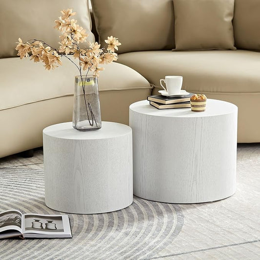 kevinplus Wood Nesting Table Round Small Coffee Tables Side Table End Table Set of 2 for Living Room Bedroom Office, No Assembly, White with Wood Grain