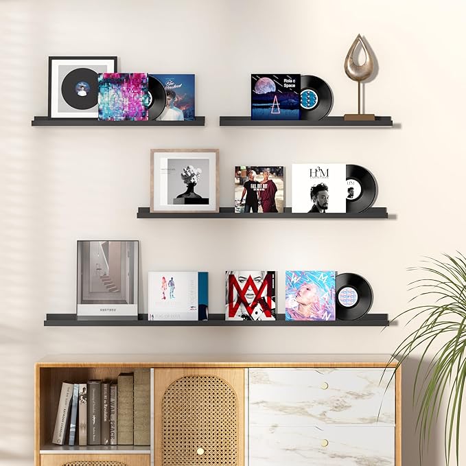 Fun Memories Picture Ledge Shelf, 24 Inch Floating Shelves Set of 2, Nursery Book Shelves for Toys Storage, Kids Bookshelf Wall Mounted for Wall Decor Books Photo Frames, Black-NeatNest