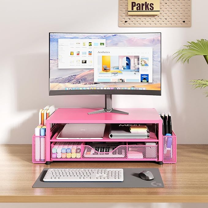 Desk Organizers and Accessories, 2-Tier Computer Monitor Stand Riser with Drawer and 2 Pen Holders, Laptop Stand, Office Desk Accessories for Office Supplies, Carmine Rose