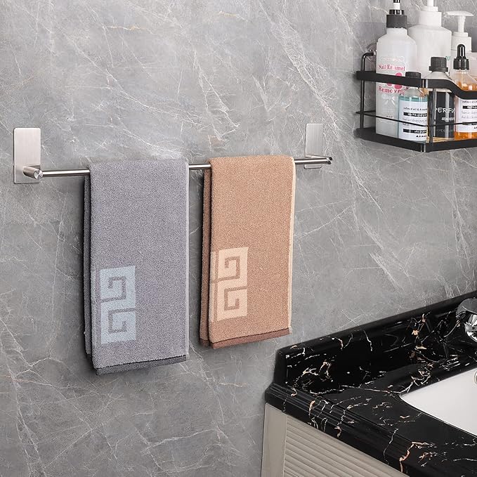 NearMoon Self Adhesive Bathroom Towel Bar- Stainless Steel Bath Wall Shelf Rack Hanging Towel Stick On Sticky Hanger Contemporary Style, NO Drilling (2 Pack, Brushed Nickel, 24-Inch Towel Rack)