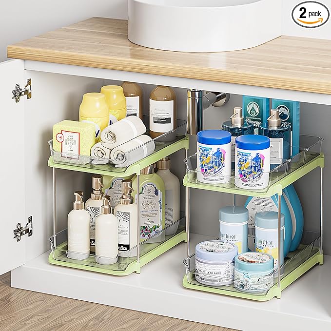 Delamu 2 Sets of 2-Tier Multi-Purpose Bathroom Under Sink Organizers and Storage, Stackable Kitchen Pantry Organization, Pull Out Medicine Cabinet Organizer with 8 Movable Dividers, Green-NeatNest