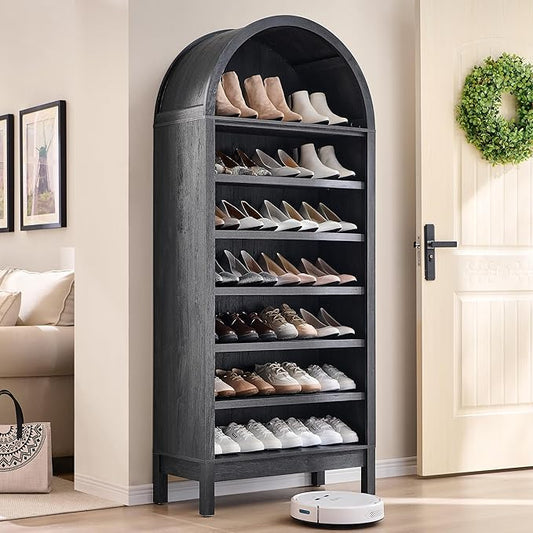 71" Tall Arched Shoe Storage Cabinet, 7 Tiers 28 Pairs Wooden Shoe Rack with 3 Adjustable Shelves, Freestanding Shoe Closet Shelf Organizer for Entryway, Hallway, Living Room (Dark Grey)-NeatNest