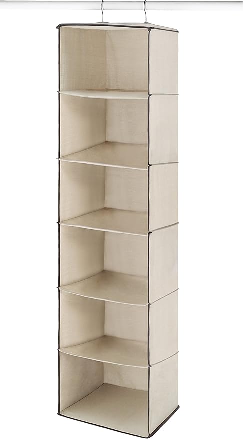 Whitmor Closet Organizer Heavy Duty Canvas 6 Shelf Hanging Accessory Bag, 6 Section, Off- White-NeatNest