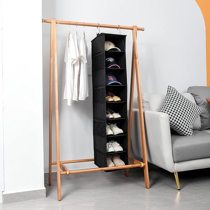 Hanging Shoe Organizer for Closet with Side Mesh Pockets，Hat Racks for Baseball Caps，Shoe and Hat Holder & Storage，8-Shelf，Black，2 Pack-NeatNest