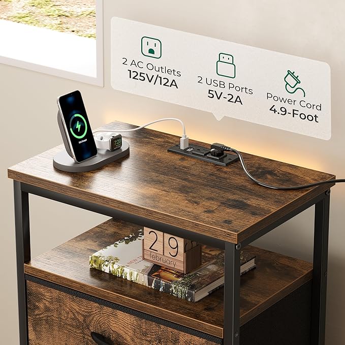 Huuger 5 Drawers Dresser with Charging Station, Set of 2, Dresser for Bedroom, Tall Night Stand, Chest of Drawers with Open Shelf, Bedside Table Nightstand, Fabric, Rustic Brown
