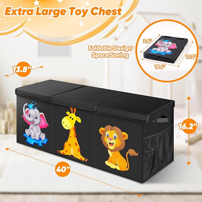 Extra Large Toy Box, Collapsible Storage Organizer with Lids, Cute Animals Toybox for Boys Girls, 40"x14"x16" Kids Toy Chest Sturdy Storage Boxes for Living Room Bedroom Playroom Nursery
