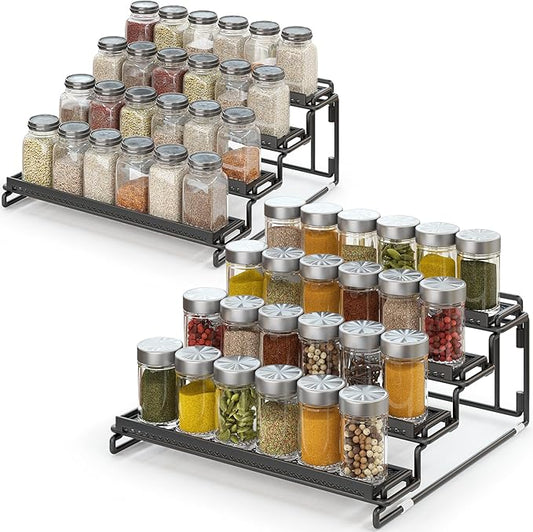 4 Tier Spice Rack Organizer for Inside Cabinet Display Riser Shelf Seasoning Organizer for Countertop Cupboard Pantry Step Storage Holder with Protection Railing (2PC Black)-NeatNest