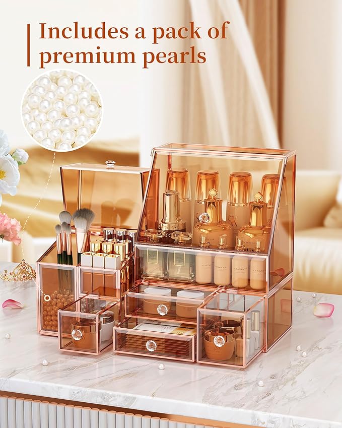 Glass Makeup Storage for Vanity and Bathroom Countertop – Large Cosmetic Display Case and Skincare Storage Solution