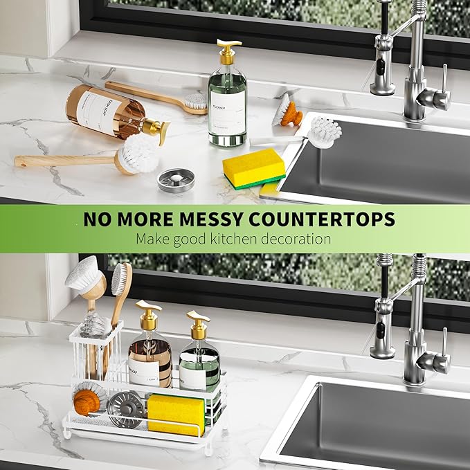 Cisily Kitchen Sink Caddy Organizer, Sponge Holder for Kitchen Sink Rustproof 304 Stainless Steel, Non-Slip Soap Dish Dispenser Brush Holder Storage, Home & Kitchen Essentials Accessories-NeatNest