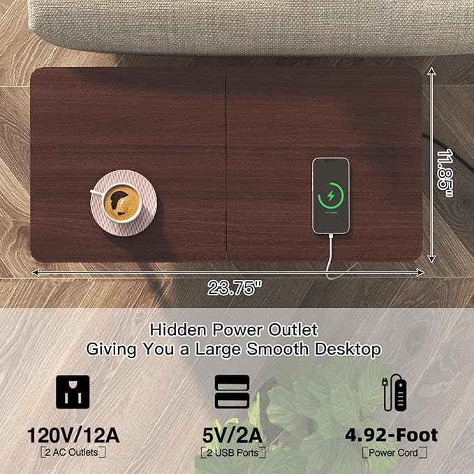 SOOWERY End Table with Charging Station, Narrow Side Table with Flip Top Cabinet and Fabric Drawer, Nightstand Bedside Tables for Small Spaces, Bedroom, Living Room, Dark Cherry
