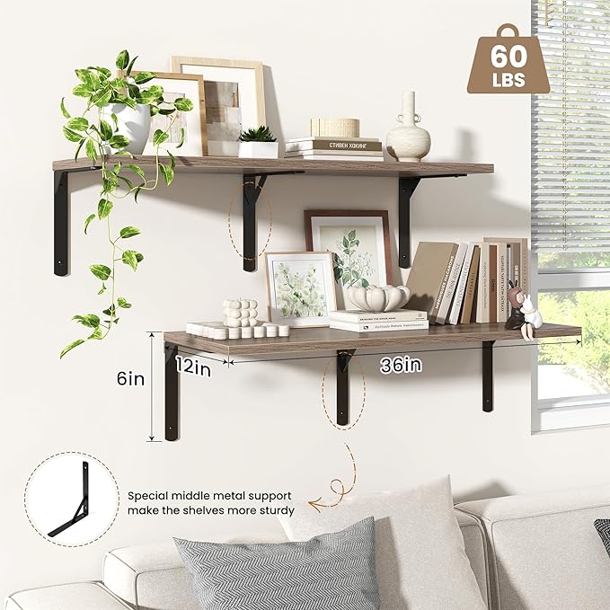 Fun Memories Floating Shelves for Wall, 12 Inch Deep Floating Shelves Set of 2, Wall Mounted Shelf with Metal Brackets, Rustic Wood Wide Shelf for Bathroom, Kitchen and Living Room, Grey, 36W x 12D-NeatNest
