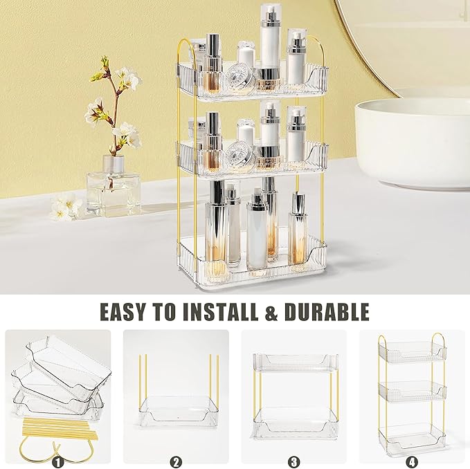 Bathroom Counter Organizer Countertop Storage Skincare Countertop Makeup Organizer Cosmetics Skincare Organizers Holder for Perfume-Clear-Golden Pole-3 Tier-NeatNest