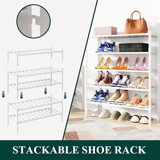 Smiry Shoe Rack, 3 Tier Small Bamboo Shoe Organizer, Stackable Free Standing Wooden Shoe Storage Shelf for Closet, Entryway, Front Door Entrance, White-NeatNest