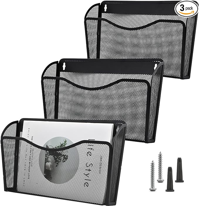 COSYAWN 3 Pack Mesh Wall Mounted File Holder, Metal Hanging Paper Folder Organizers, Single Pockets for Classroom Home and Office Black-NeatNest