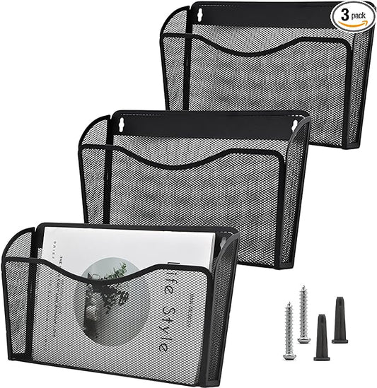 COSYAWN 3 Pack Mesh Wall Mounted File Holder, Metal Hanging Paper Folder Organizers, Single Pockets for Classroom Home and Office Black-NeatNest