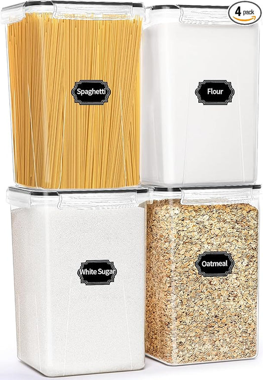 4 Pack Extra Large Airtight Food Storage Containers with Lids (6.5L / 220 oz), BPA Free Plastic Kitchen and Pantry Organization Contianers for Cereal Flour and Sugar Storage, Labels & Marker-NeatNest