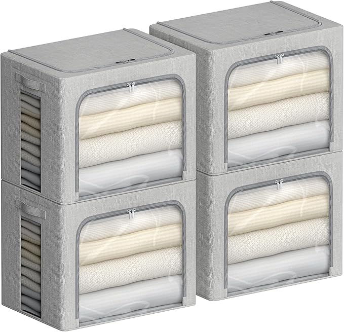4 Pack Clothes Storage Bins with Metal Frame - Linen Fabric Foldable Stackable Container Organizer Set with Clear Window & Carry Handles & Zippers (Light Grey, 15.7"x11.8"x11.8")-NeatNest