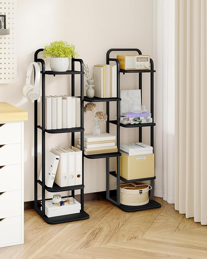 Vertical Shoe Rack, Shoe Shelves, Wood Shoe Organizer for Closet, Entryway, Shoe Tower for Small Spaces, Free Standing, Adjustable, with 2 Hooks, 6 Tier Black SR04204B-NeatNest