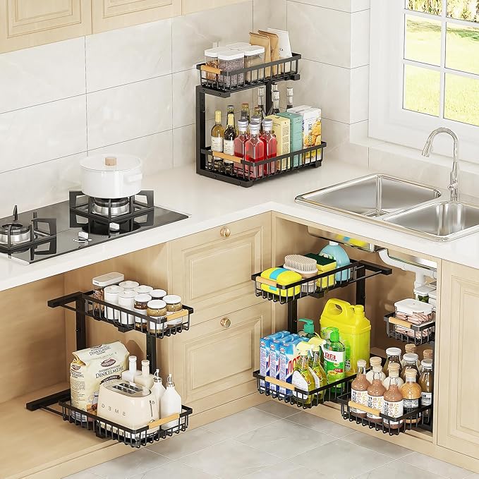 2-Tier Slide Out Under Sink Organizer – 2-Tier Pull-Out Storage Rack, Bathroom organizers and storage for Kitchen and Bathroom, Space-Saving Cabinet Organizer, Rustproof,（Black)(2 Pack)-NeatNest
