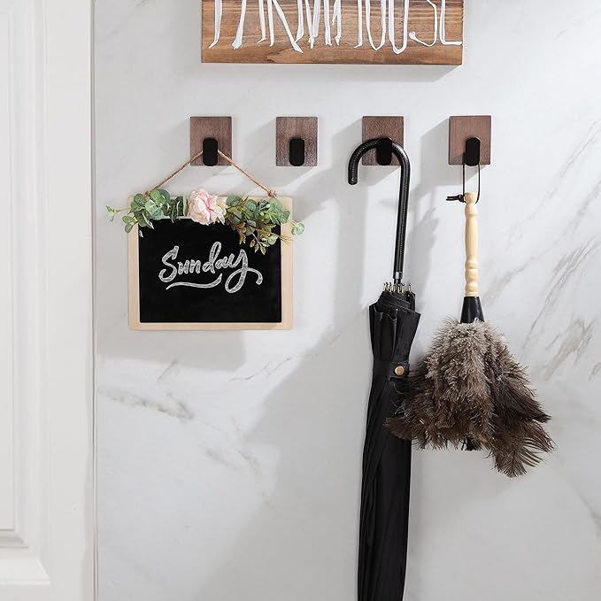 DELITON Adhesive Towel Hooks,Wall Hooks for bathrooms Without Drilling, Wood Wall Hooks for Hanging Robe, Towel, Bag Stick on Farmhouse Bathroom Bedroom Entryway 4 Packs Burned Brown-NeatNest